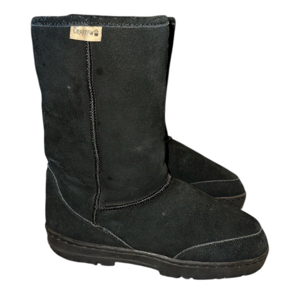 BearPaw Tall Black Sheepskin Suede Faux Fur Lined Boots Womens Size 7